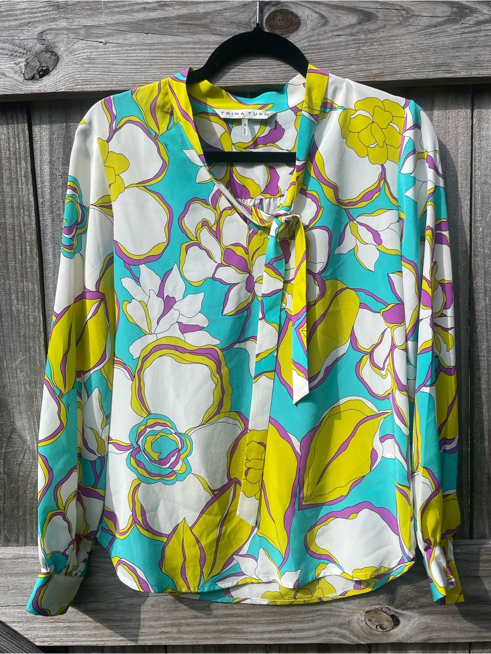 Trina Turk Turquoise, Yellow & White Floral Tie-Neck Blouse Sz S